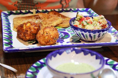baked tofu, corn fritters and couscous salad at El Piano in Granada