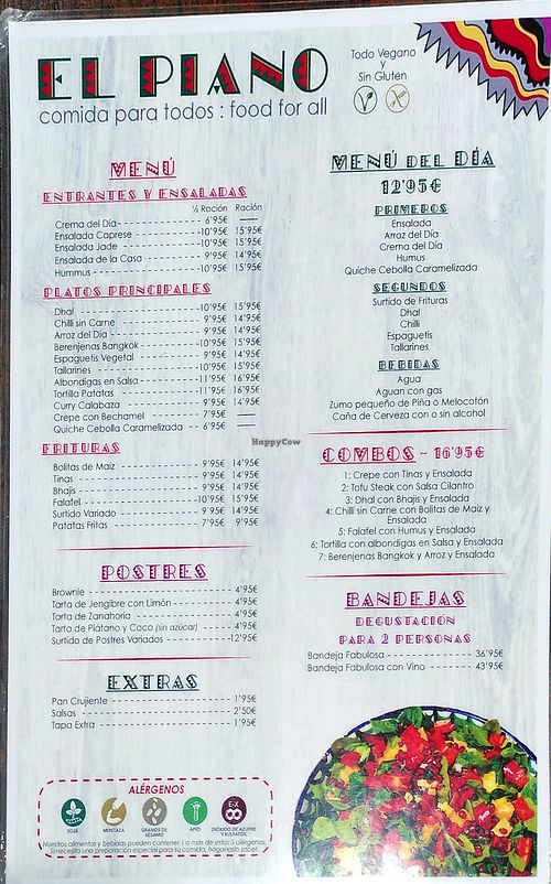 Food menu at El Piano in Granada
