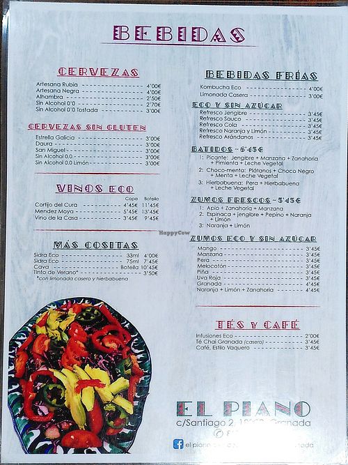 Drinks Menu at El Piano in Granada