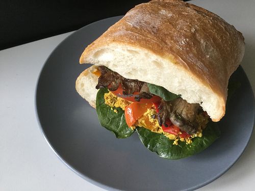 Sandwich with hummus, scramble, mushrooms, spinach  at Tesnota in St Petersburg