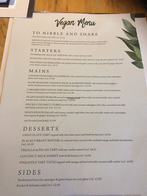 The menu - lots of choice at The Whittington Arms in Lichfield
