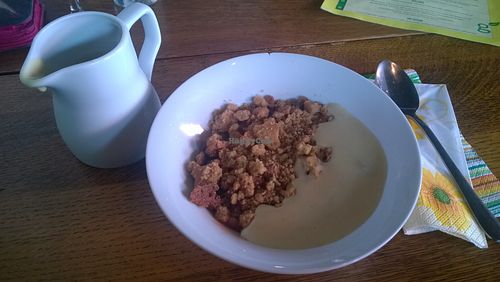 Mixed berry and homemade ginger crumble with custard at Little Green in Newcastle Upon Tyne