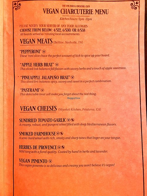 Charcuterie menu at The Fox Bar and Cocktail Club in Nashville