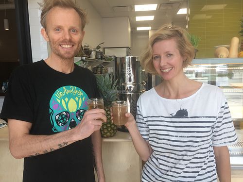 Owner Eva Chipiuk and her brother.  at The Green Moustache in Edmonton