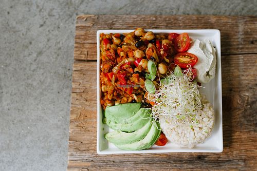 Warming Chili with avocado and cashew cream.  at The Green Moustache in Edmonton
