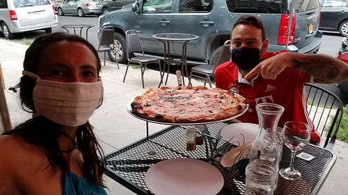 Vegan pizza outside at Frankie's Of Bay Ridge in Brooklyn