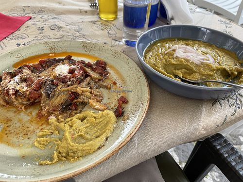 The Imam (eggplant, tomato, onion) is to die for. Similarly the fava bean purée (spiced with cumin). Lots of great vegan choices  at Tropicana Platanos in Lesvos