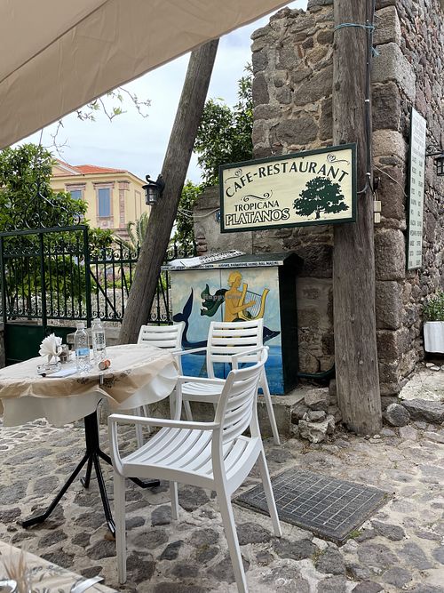 Menu specials posted near the door (right of photo l)  at Tropicana Platanos in Lesvos
