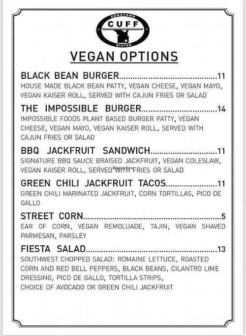 Vegan Menu at CUFF in Glendale