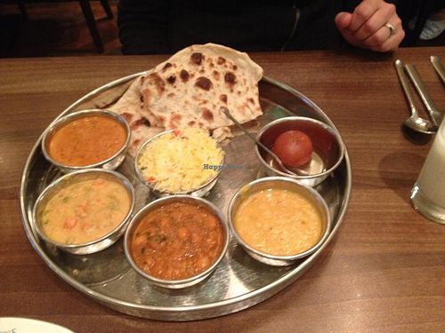 Platter of many different vegetarian dishes at Woodlands - Leicester Square in London