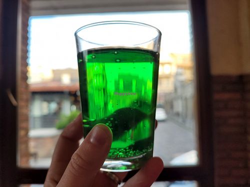 Tarragon lemonade lol. It was neither lemon-y not tarragon-y. It tasted as tocix as it looks. Pure sugar and chemicals. at Machakhela in Tbilisi