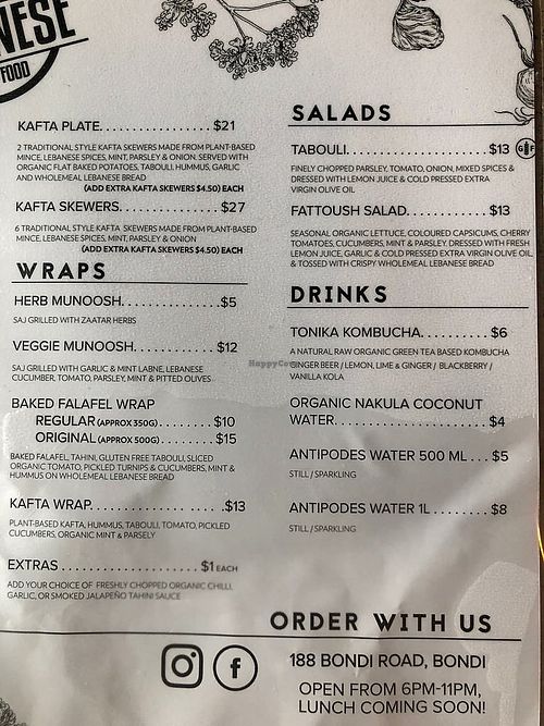 Menu at Vegan Lebanese Street Food in Bondi