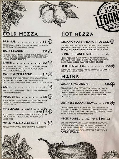 Menu at Vegan Lebanese Street Food in Bondi