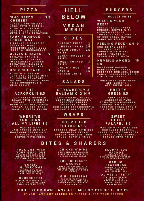 Vegan Menu  at Hell Below in Carlisle