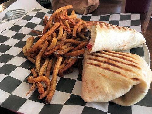 Vegan hash wrap with fries. at Spring Creek Tavern in Hot Springs