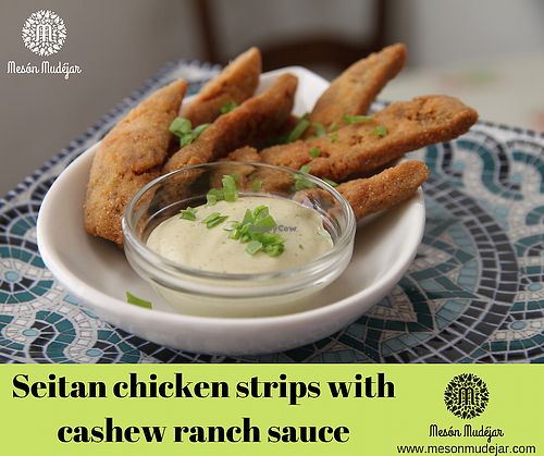 Seitan chicken strips with cashew ranch sause at Meson Mudejar in Archez