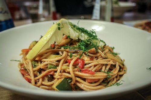 noodles with vegetables and mushrooms at Ezitis Migla - Aldaru in Riga