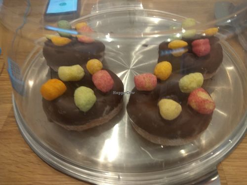 Doughnuts with chocolate and sweet crispy balls at Vegan Burd in Glasgow