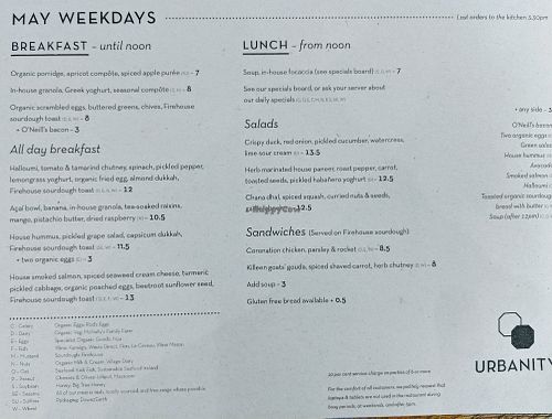 Menu (29 April 2019) at Urbanity in Dublin