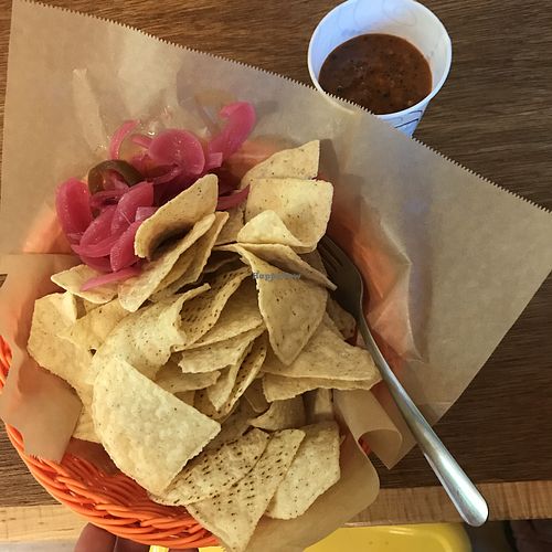 Chips with salsa and pickled onions at El El Frijoles in Sargentville
