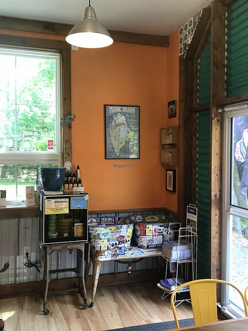 Cafe entrance and takeaway cooler at El El Frijoles in Sargentville