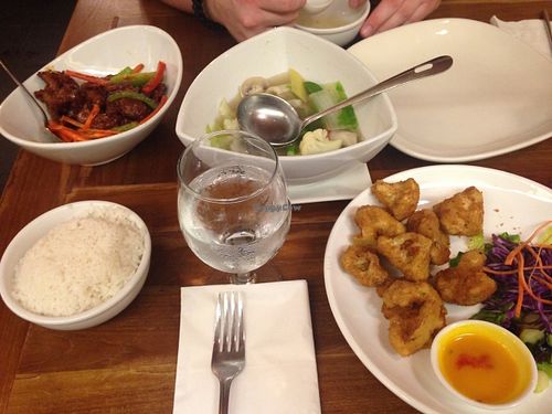 Top left: teriyaki chick'n, wonton soup and breaded cauliflower bites. 
All very good! :) 
I definitely recommend the Kung pao chick'n and ginger beef not pictured. :) the king pao chick'n is great with their vernecelli noodles.  at Padmanadi in Edmonton