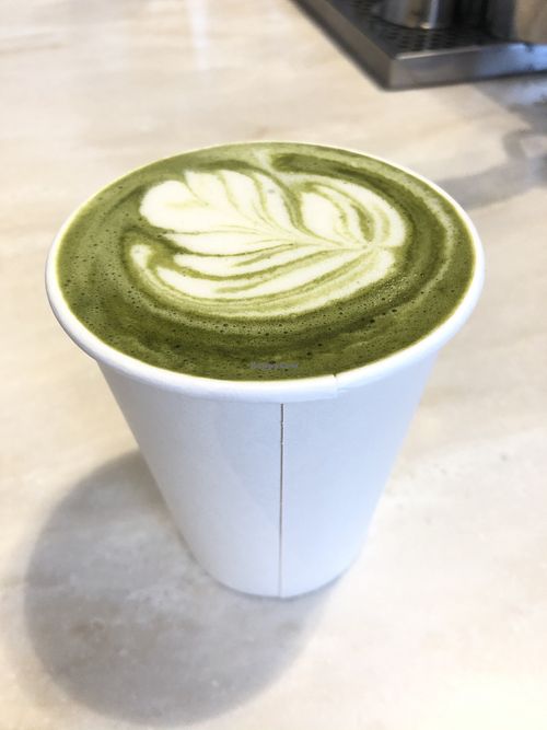 Oatly matcha latte - so good!!! They have La Marzacco coffee machine at Little Bean Coffee in New York City