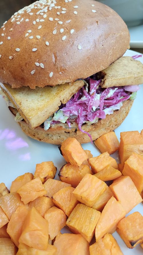 Tofu burger at Eat & Fit in Yerevan