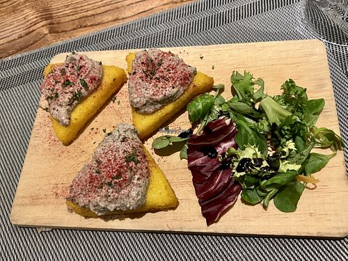 Fried polenta with mushrooms pate  at Da Vinci Italian Restaurant in Aberdeen