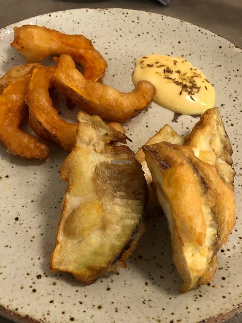 Veggie tempura (described as "beignet" on menu) at Vegimo 野菜食堂 in Hiroshima
