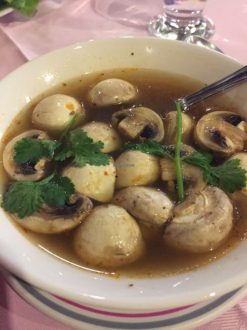 Delicious vegan mushroom soup at River Kwai in Alton