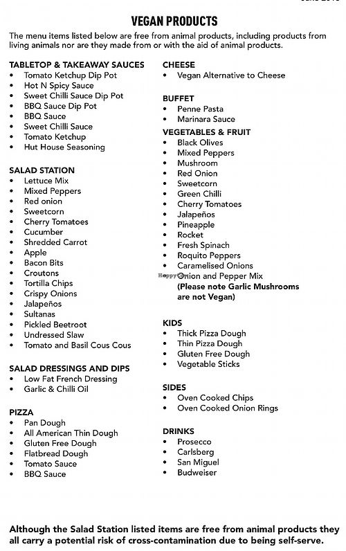 Vegan Menu - June 2018 at Pizza Hut in Worcester