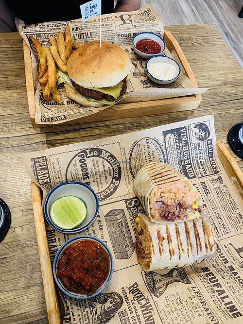 Spicy cheeseburger and Omnibeef Burrito  at The Hungry Wolf in Koh Samui