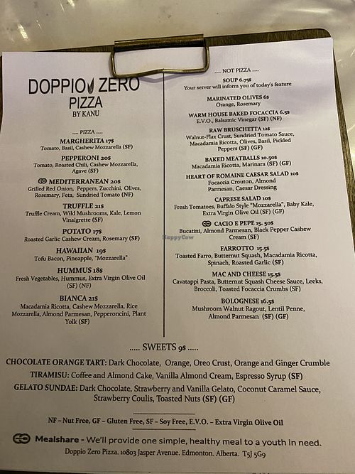 Menu at Kanu Cafe - Doppio Zero Pizza in Edmonton
