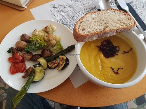 Pumpkin soup, salad from the salad bar. Great flavors !! at Bazilika Bistro in Ljubljana