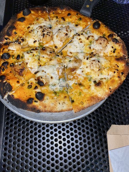 Vegan Buffalo chicken pizza  at Big Slide Brewery in Lake Placid