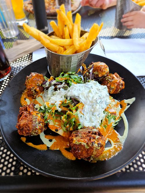 white bean falafel without feta at Big Slide Brewery in Lake Placid