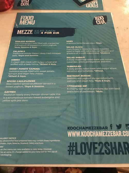 Mezze menu at Koocha Mezze Bar in Bristol