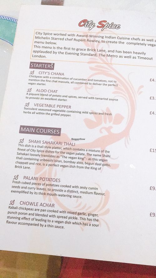 menu I at City Spice in East London