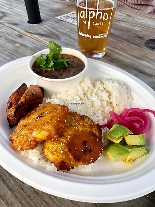 Vegan Plate (Tostones, maduro, black beans, pickled onions, avocado, rice) at Alpha Brewing Company in St Louis