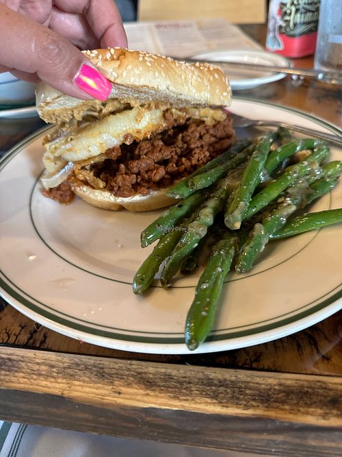 Vegan sloppy Joe with side of green beans  at The Press in Oklahoma City