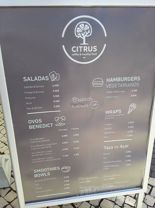 Menu board June 2019 at Citrus Coffee in Caldas Da Rainha