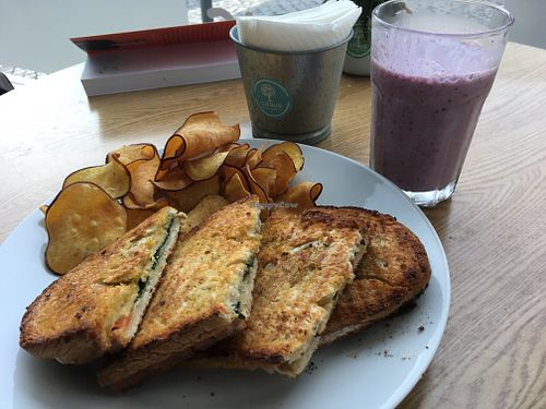 Red fruit smoothie and tofu toast.
 at Citrus Coffee in Caldas Da Rainha