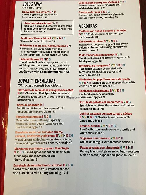 Vegan and Vegetarian options clearly marked at Jaleo in Arlington