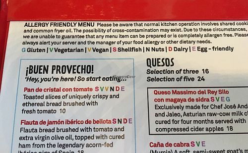 “Allergy Friendly” menu at Jaleo in Arlington