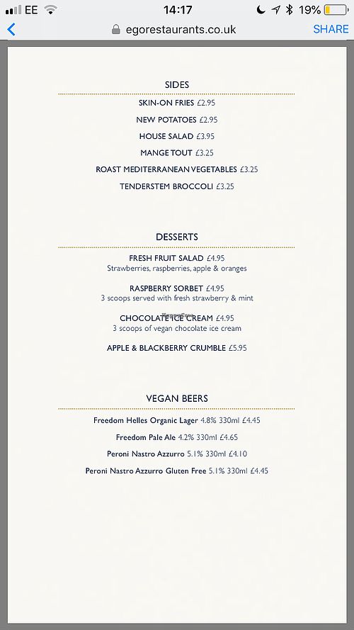 Vegan Menu, sides, deserts & beers at Ego Mediterranean in Preston