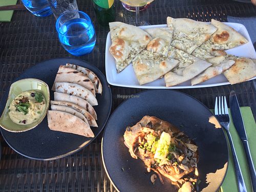 Vegan Garlic Pizza, Hummus & Garlic Mushrooms at Ego Mediterranean in Preston