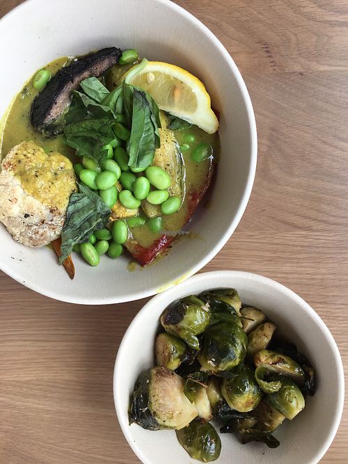 Curry roasted vegetable bowl & side of Brussels sprouts  at American Harvest Co in Miami