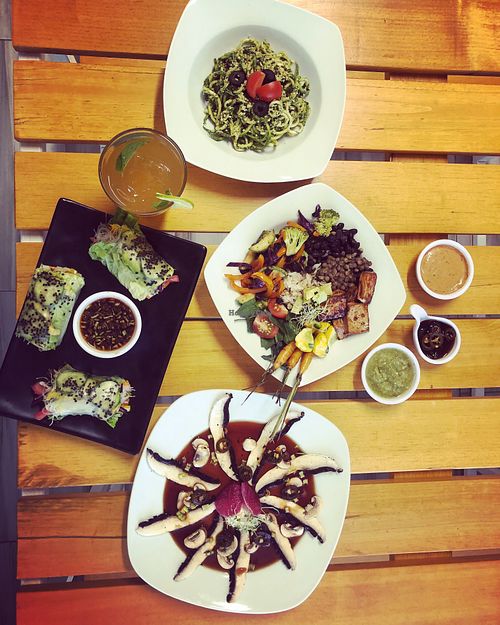 Bowl, spring rolls, pasta and sashimi at Kakao Cocina Vegana in La Paz