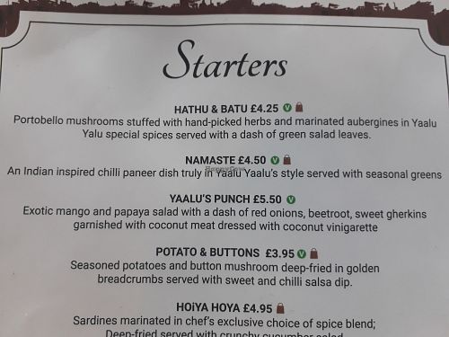Starters Menu at Yaalu Yalu in Selsdon